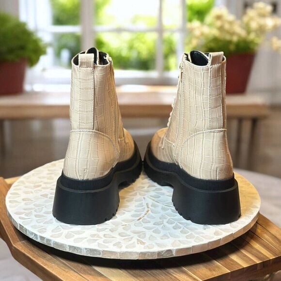 Topshop Kara Lace-Up Combat Boots Croc Embossed Beige Lug Sole Women’s 9.5 / 40 - Picture 9 of 15